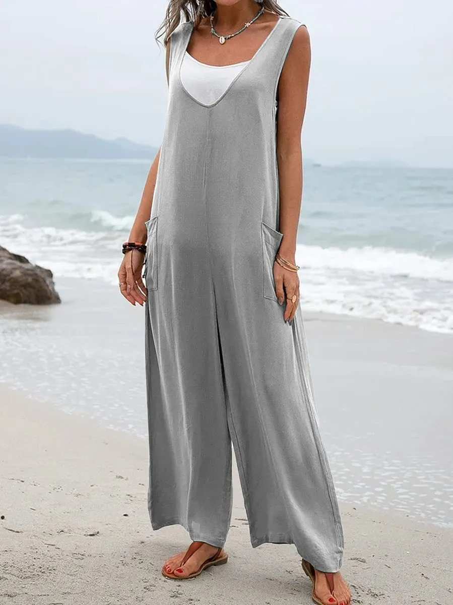 Relaxed overall with deep V-neck and two side pockets