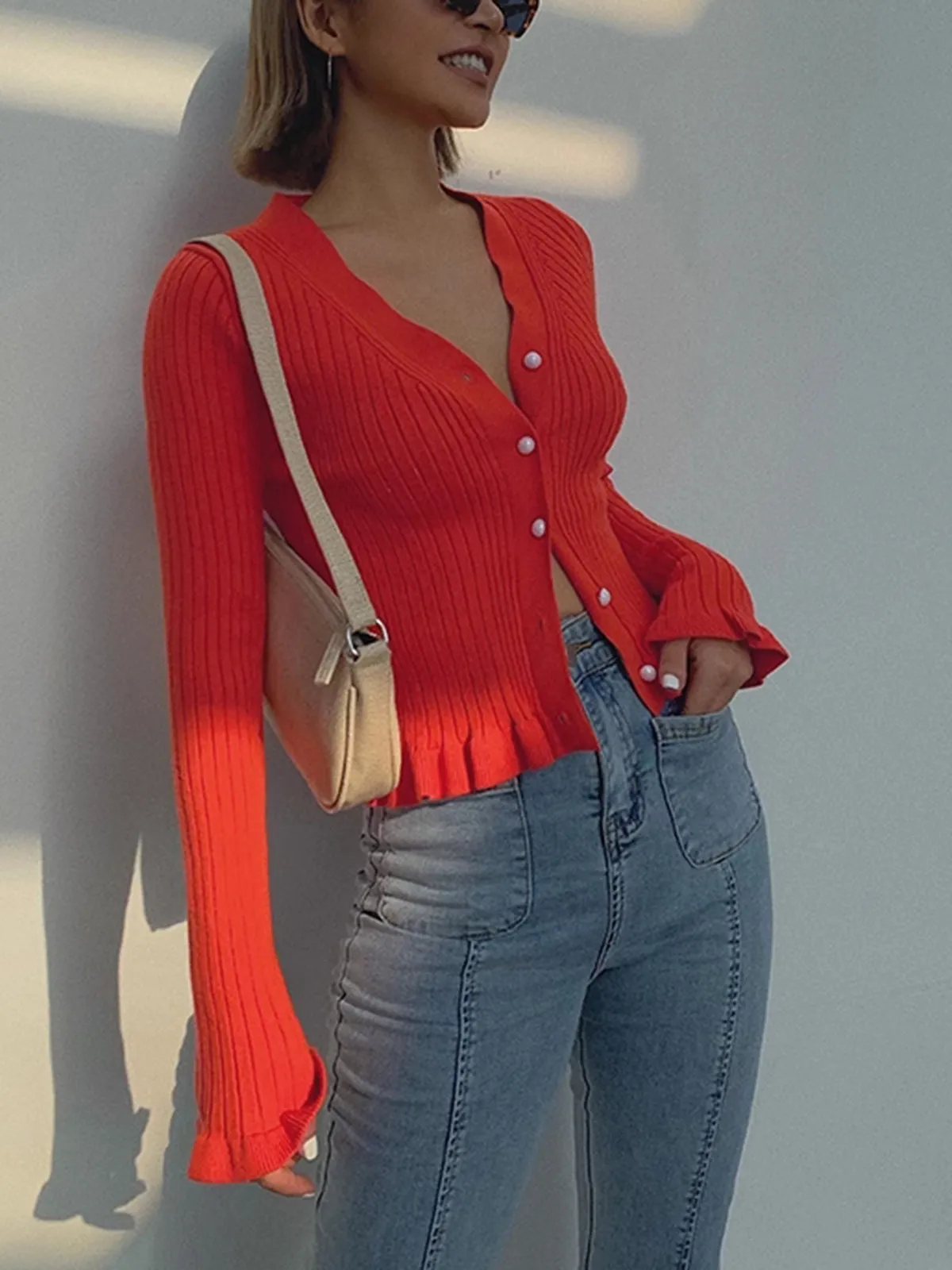 Ruffled Trim Pearl Button Long Sleeve Cardigan
