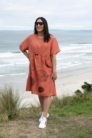 Rust - Circle/Curved Front Drawstring Pocket Dress
