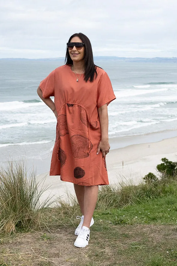 Rust - Circle/Curved Front Drawstring Pocket Dress