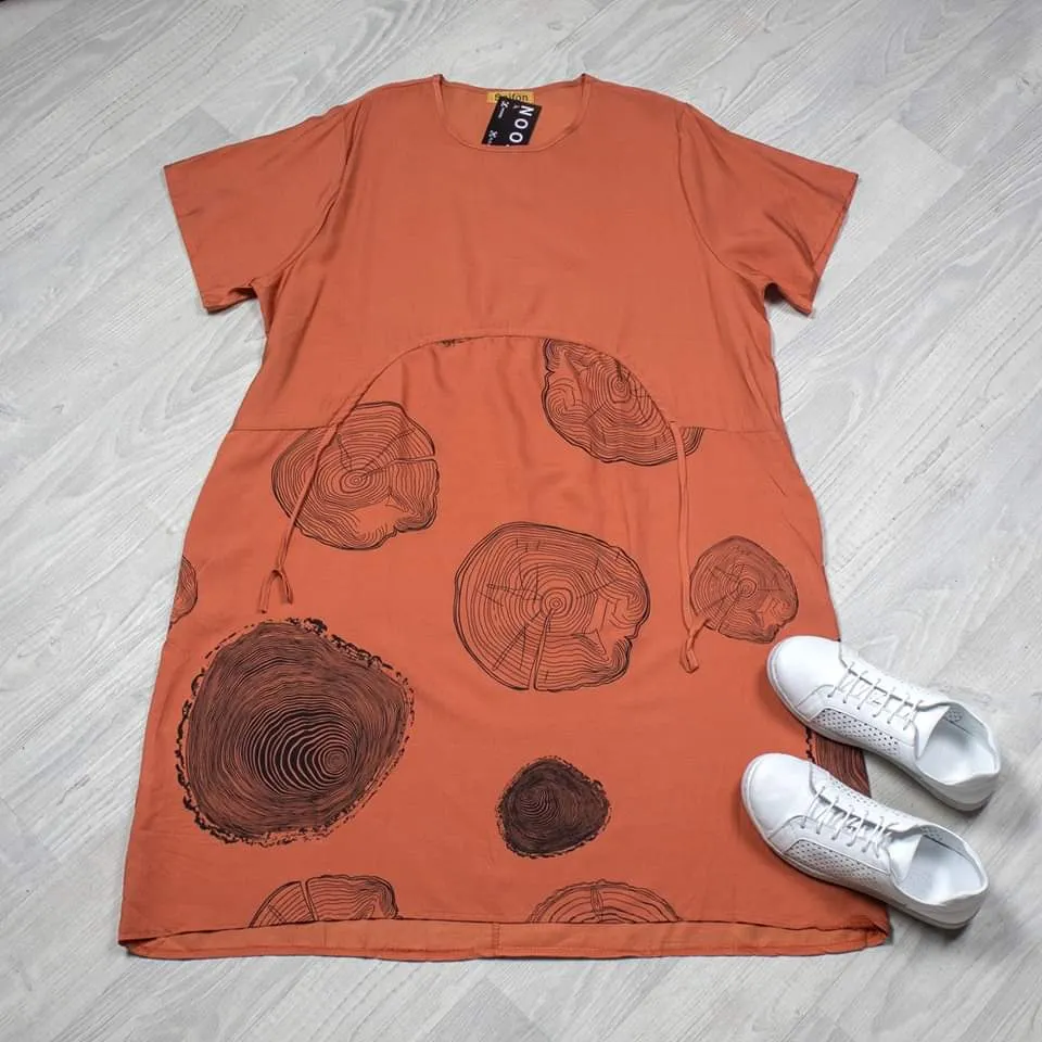 Rust - Circle/Curved Front Drawstring Pocket Dress