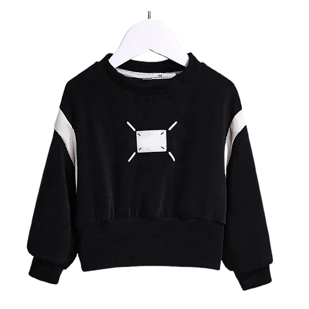 Self Patterned Black Patch Casual Stripes 2Pcs Track Suit Set For Kids & Tweens
