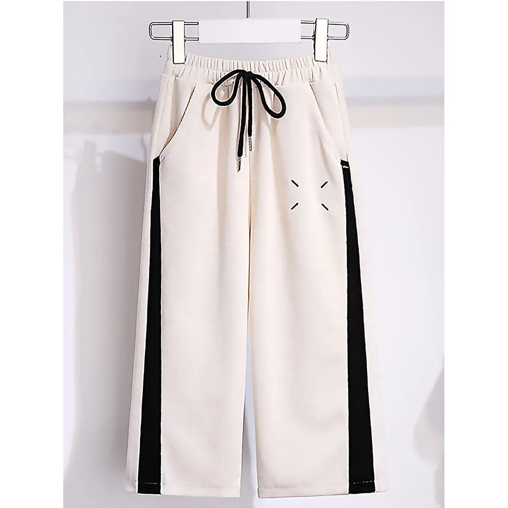 Self Patterned White Patch Casual Stripes 2Pcs Track Suit Set For Kids & Tweens