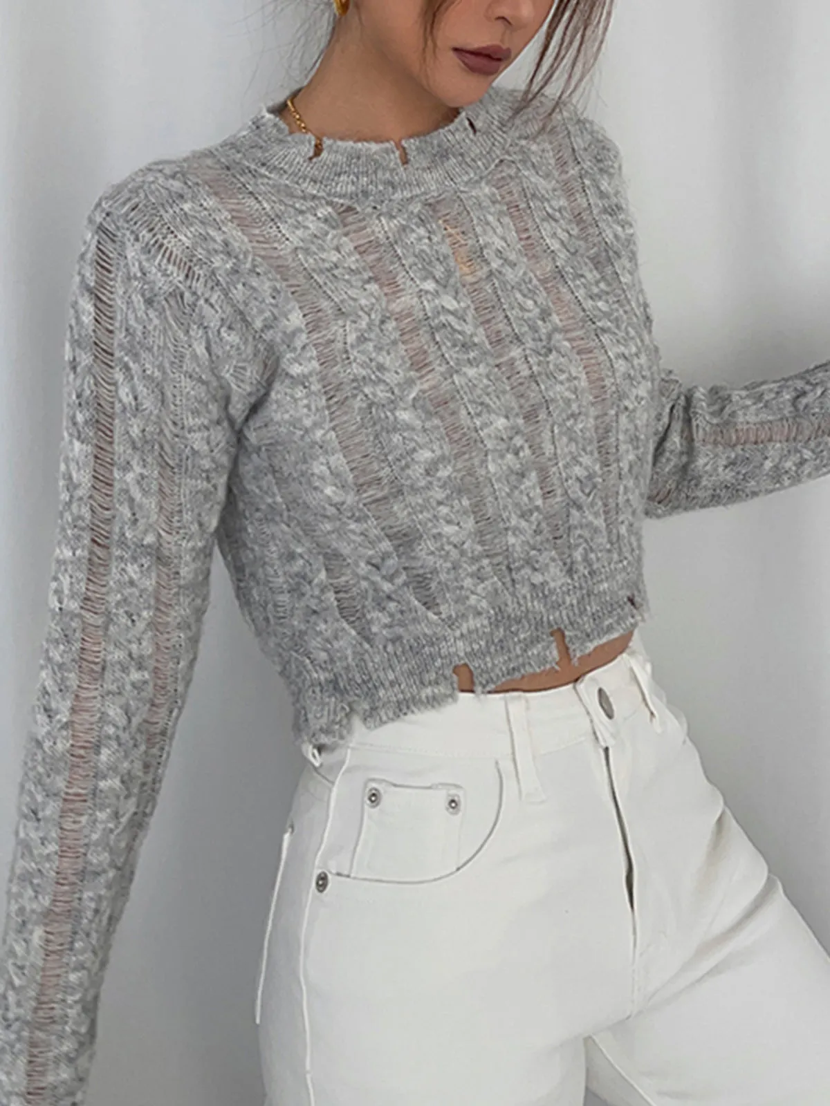 Semi-Sheer Snowflake Crochet Knit Shirt