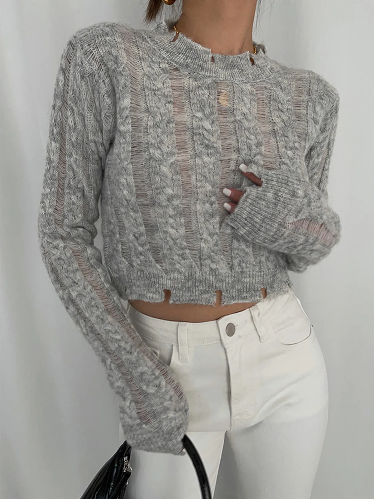 Semi-Sheer Snowflake Crochet Knit Shirt