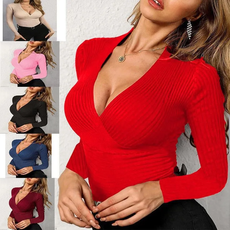 Sexy Knit V-Neck Long Sleeve Slim Shirt