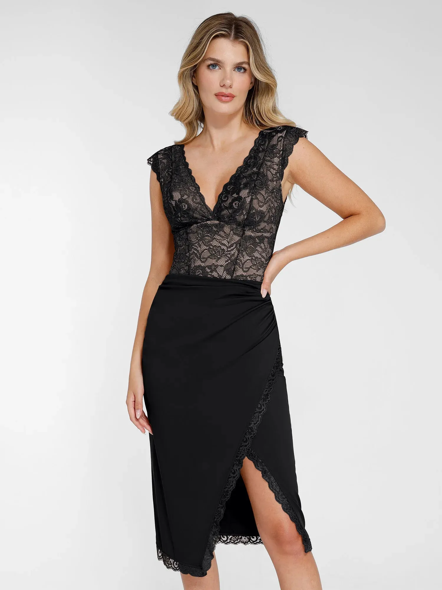 Shapewear Lace Sculpting Bodysuit Slimming Midi Skirt Set