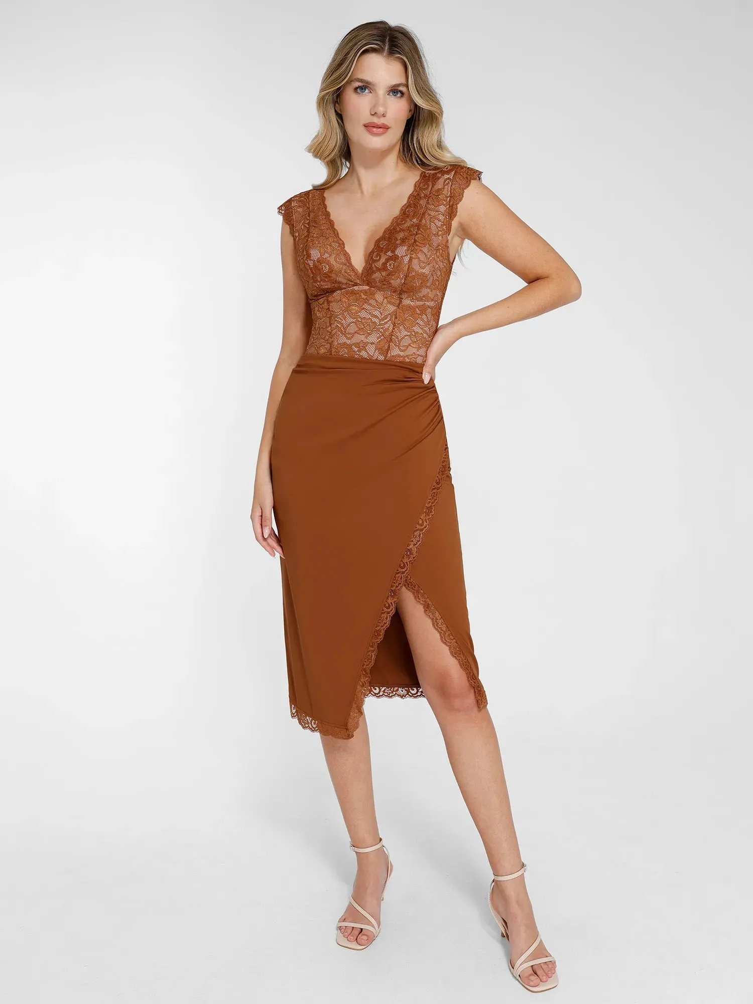 Shapewear Lace Sculpting Bodysuit Slimming Midi Skirt Set