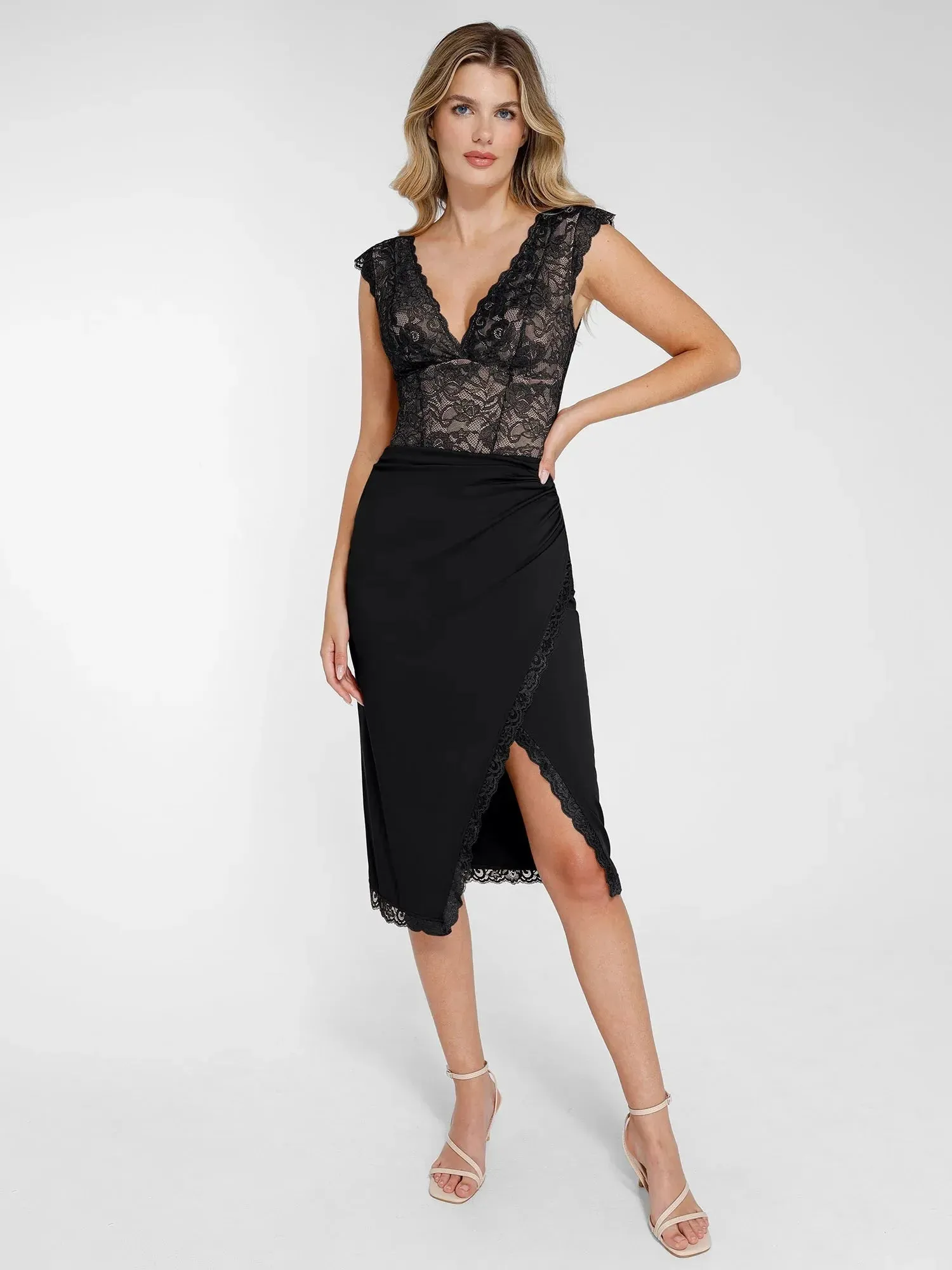 Shapewear Lace Sculpting Bodysuit Slimming Midi Skirt Set