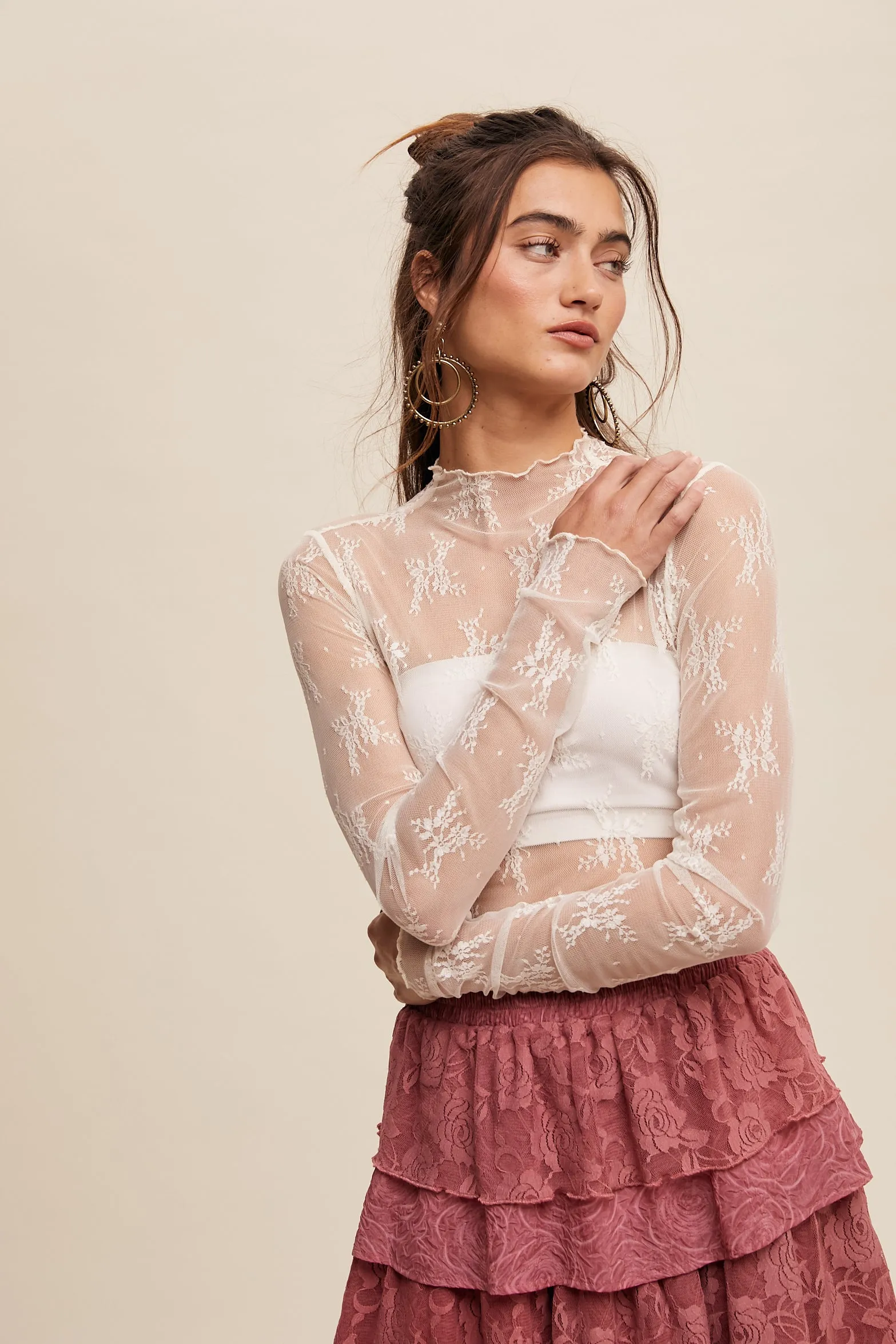 Sheer Lace Long-Sleeve Top