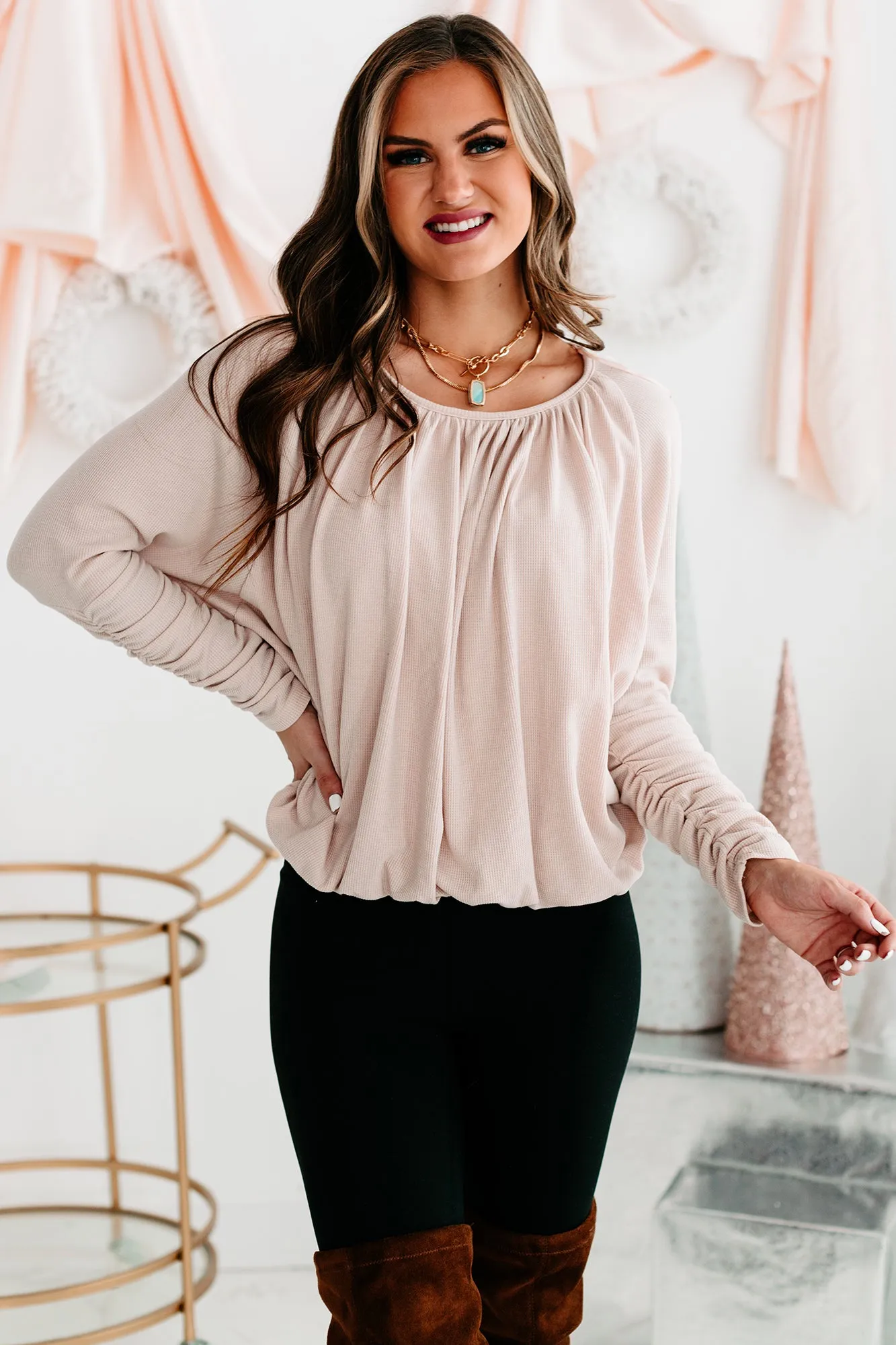 Shifting Gears Ruched Sleeve Thermal Top (Oatmeal)