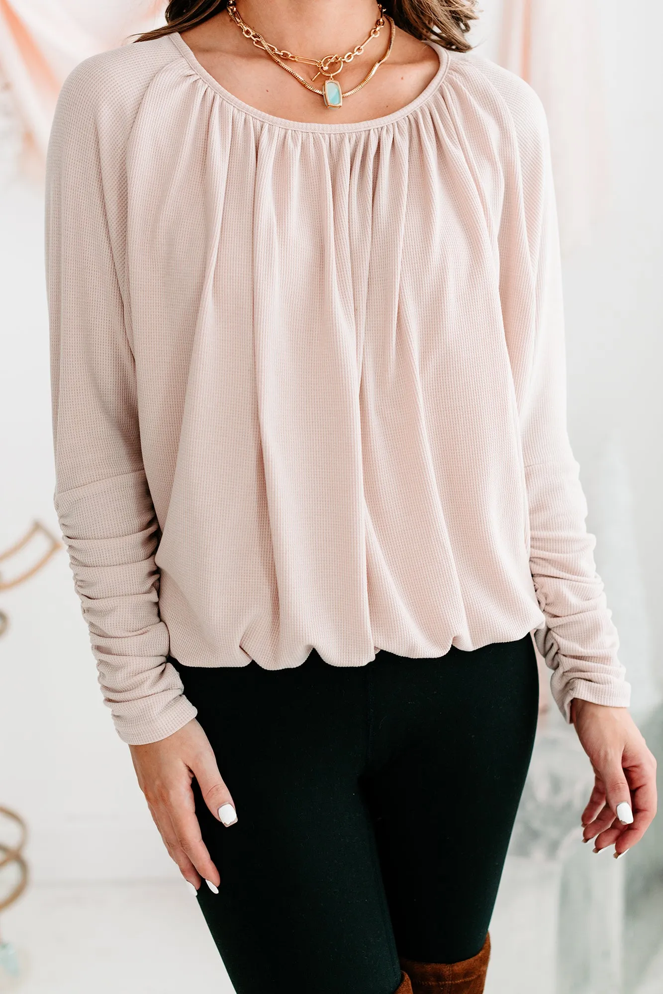 Shifting Gears Ruched Sleeve Thermal Top (Oatmeal)