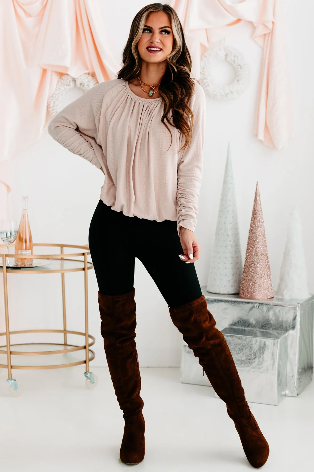 Shifting Gears Ruched Sleeve Thermal Top (Oatmeal)