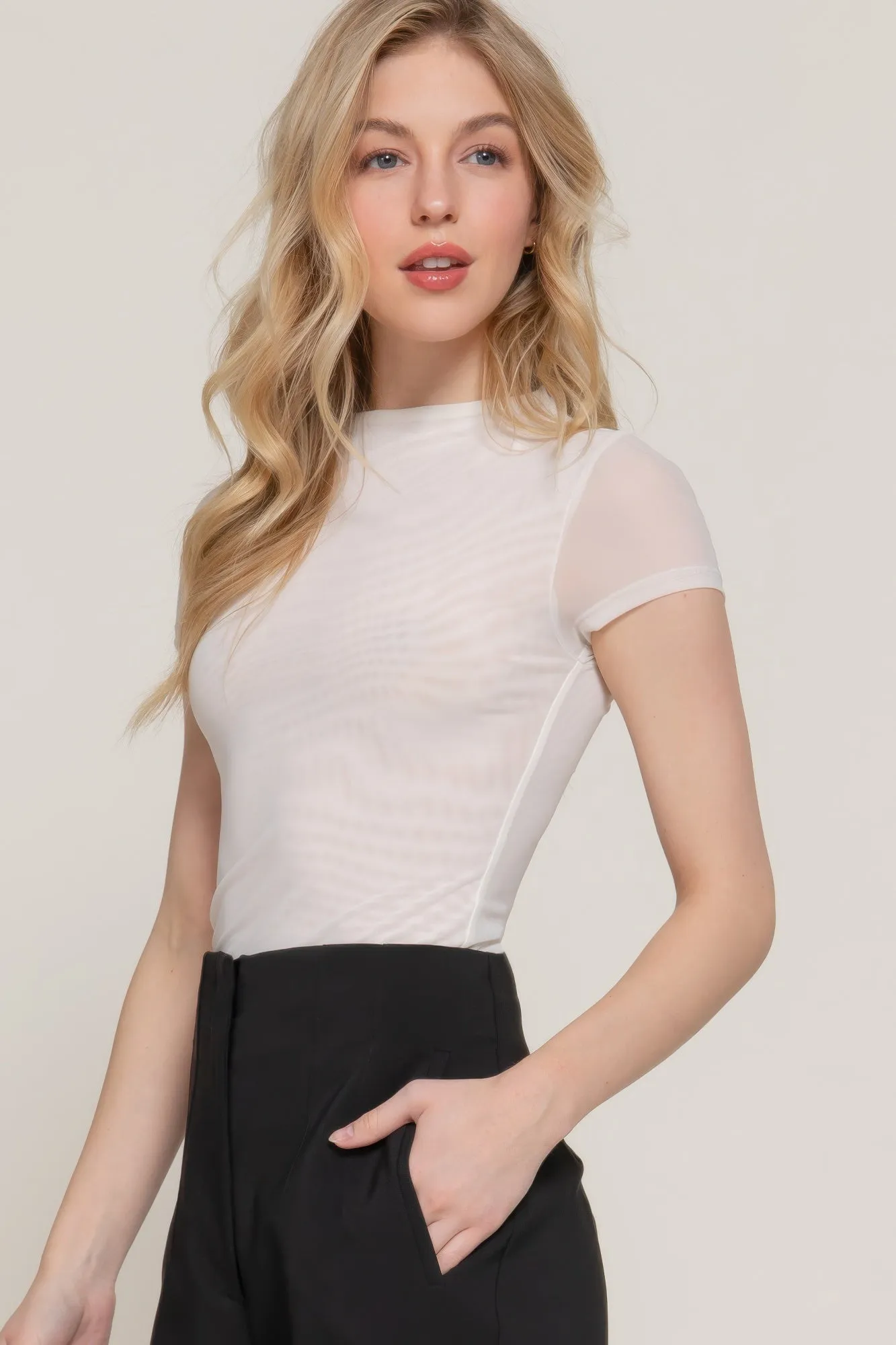 Short Cap Slv High Neck 2 Ply Mesh Top