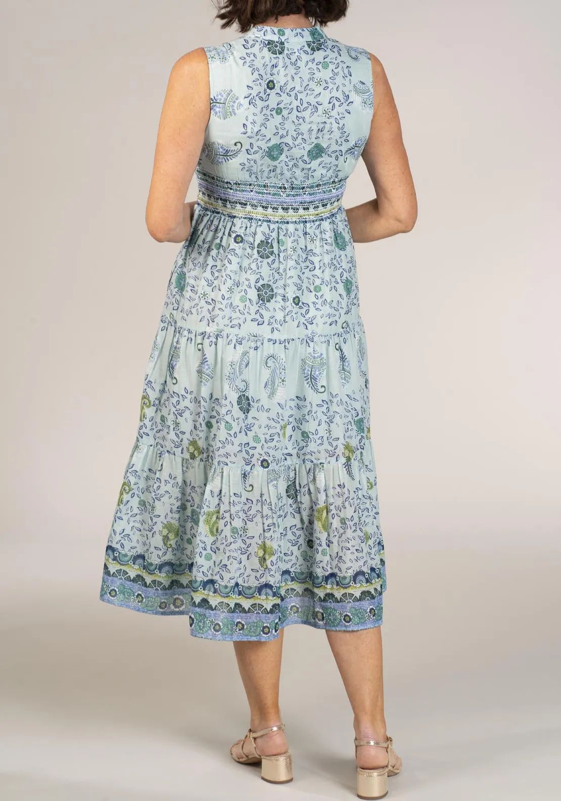 Smocked Waist Printed Dress - Blue