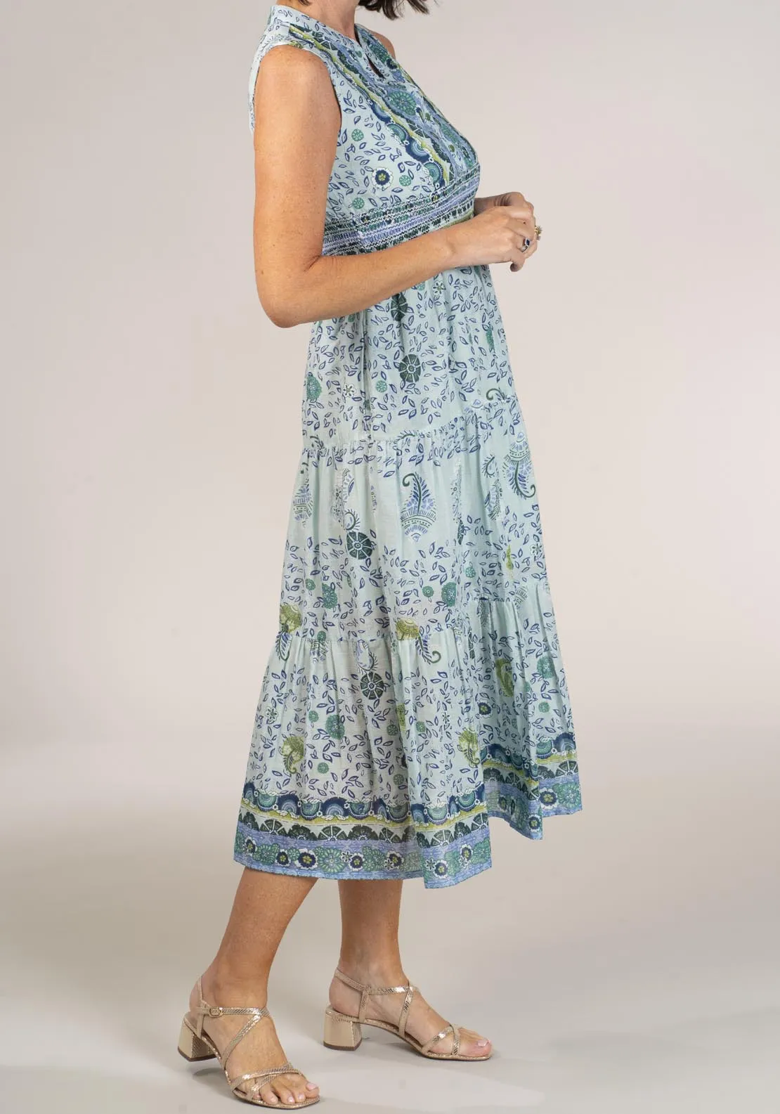 Smocked Waist Printed Dress - Blue
