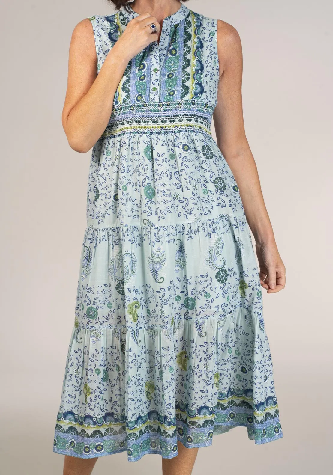Smocked Waist Printed Dress - Blue