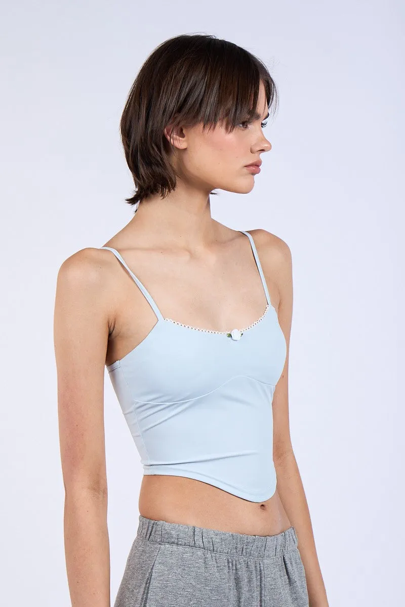 Solid Color Slim Fit Cami Crop Top with Front Line Trim and Flower Point Detail