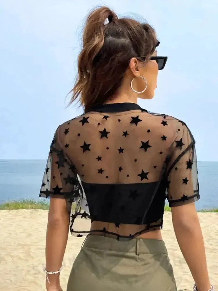 Star Print Drop Shoulder Mesh Crop Top for Women | Summer Sheer Outfit