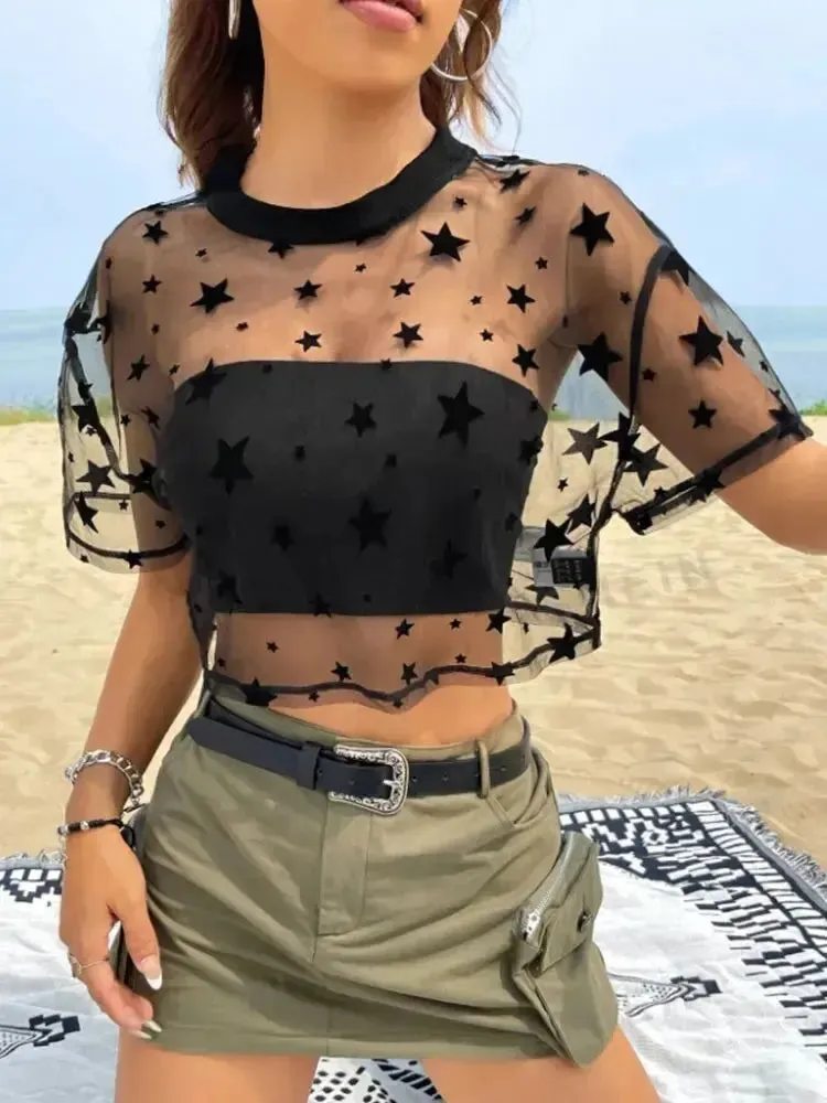 Star Print Drop Shoulder Mesh Crop Top for Women | Summer Sheer Outfit