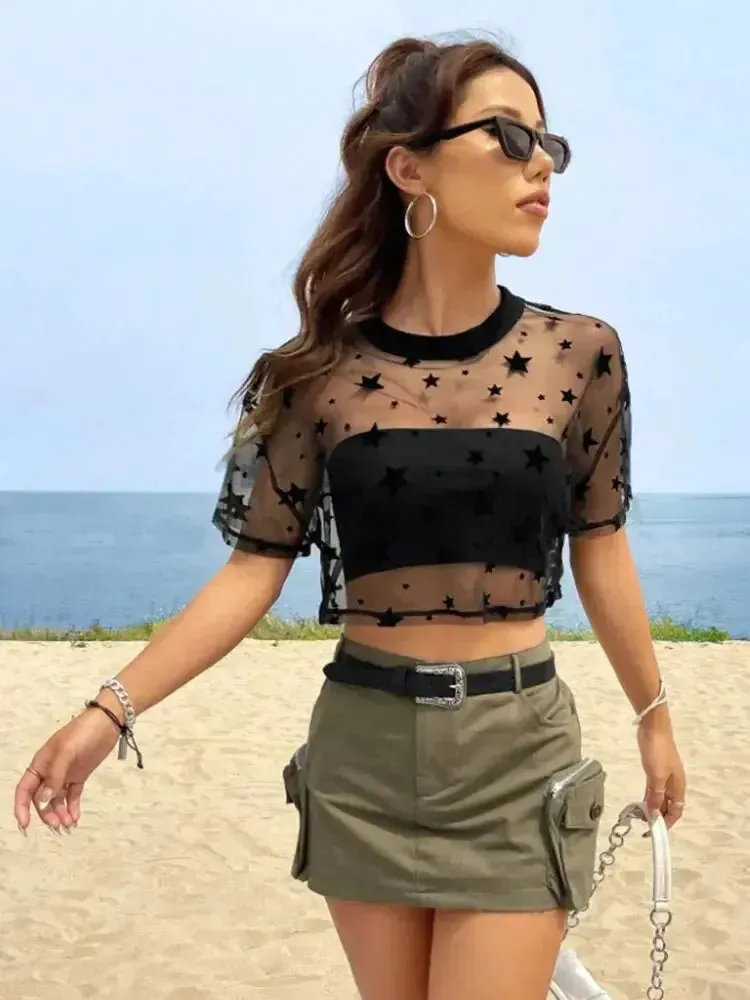 Star Print Drop Shoulder Mesh Crop Top for Women | Summer Sheer Outfit