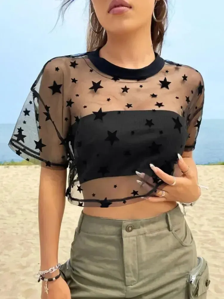 Star Print Drop Shoulder Mesh Crop Top for Women | Summer Sheer Outfit