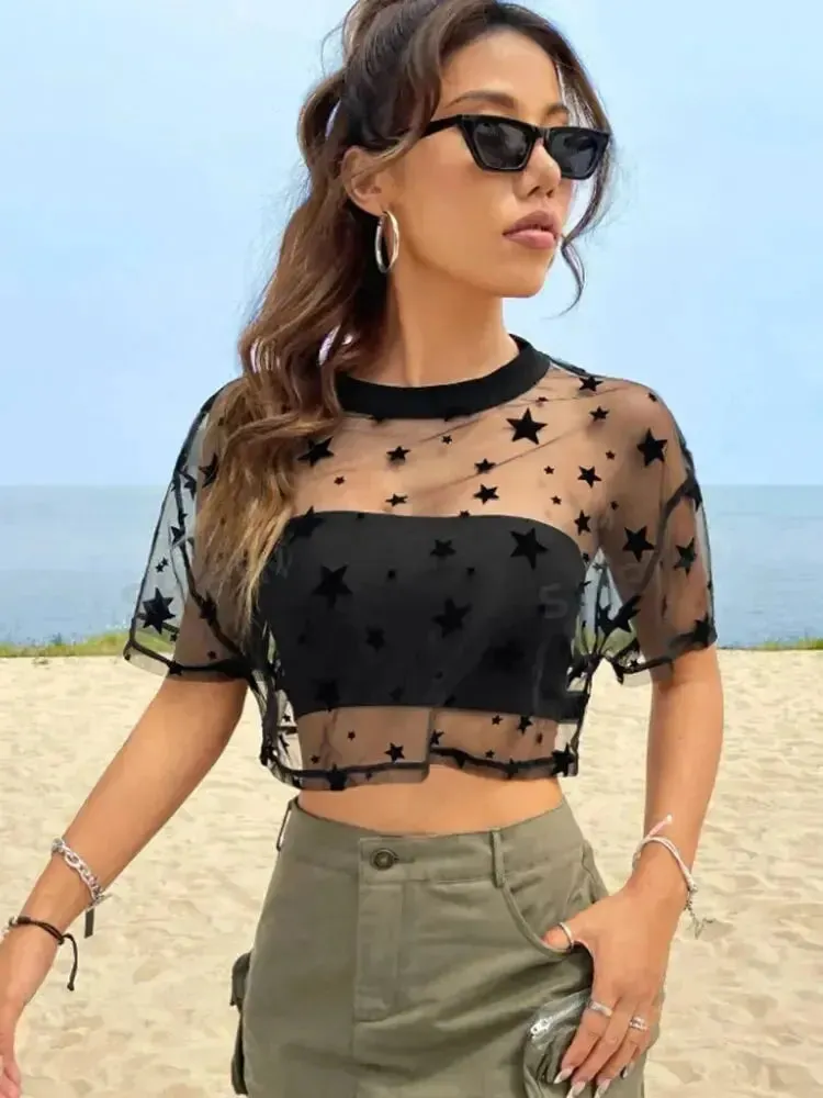 Star Print Drop Shoulder Mesh Crop Top for Women | Summer Sheer Outfit