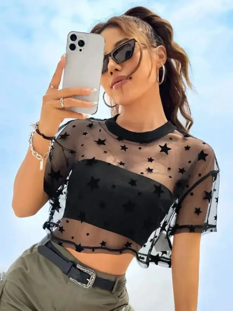 Star Print Drop Shoulder Mesh Crop Top for Women | Summer Sheer Outfit
