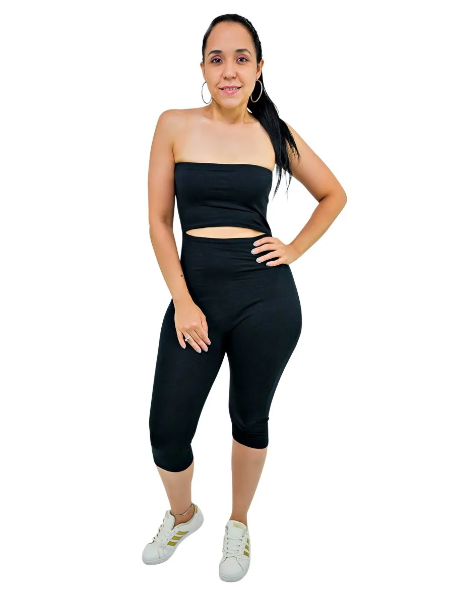 Strapless Biker Length Romper With Cut Out Front