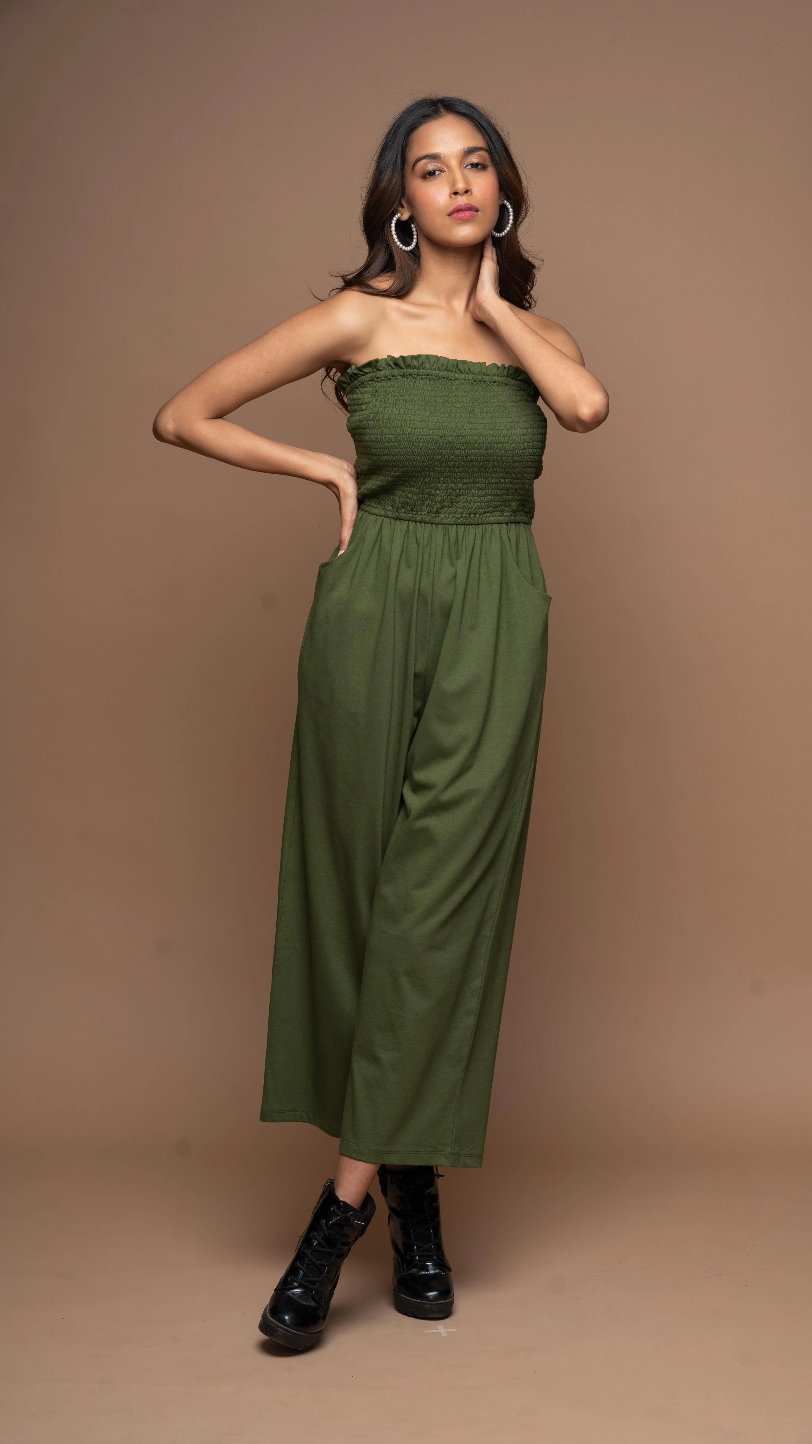Strapless Vibe Jumpsuit in Olive Green