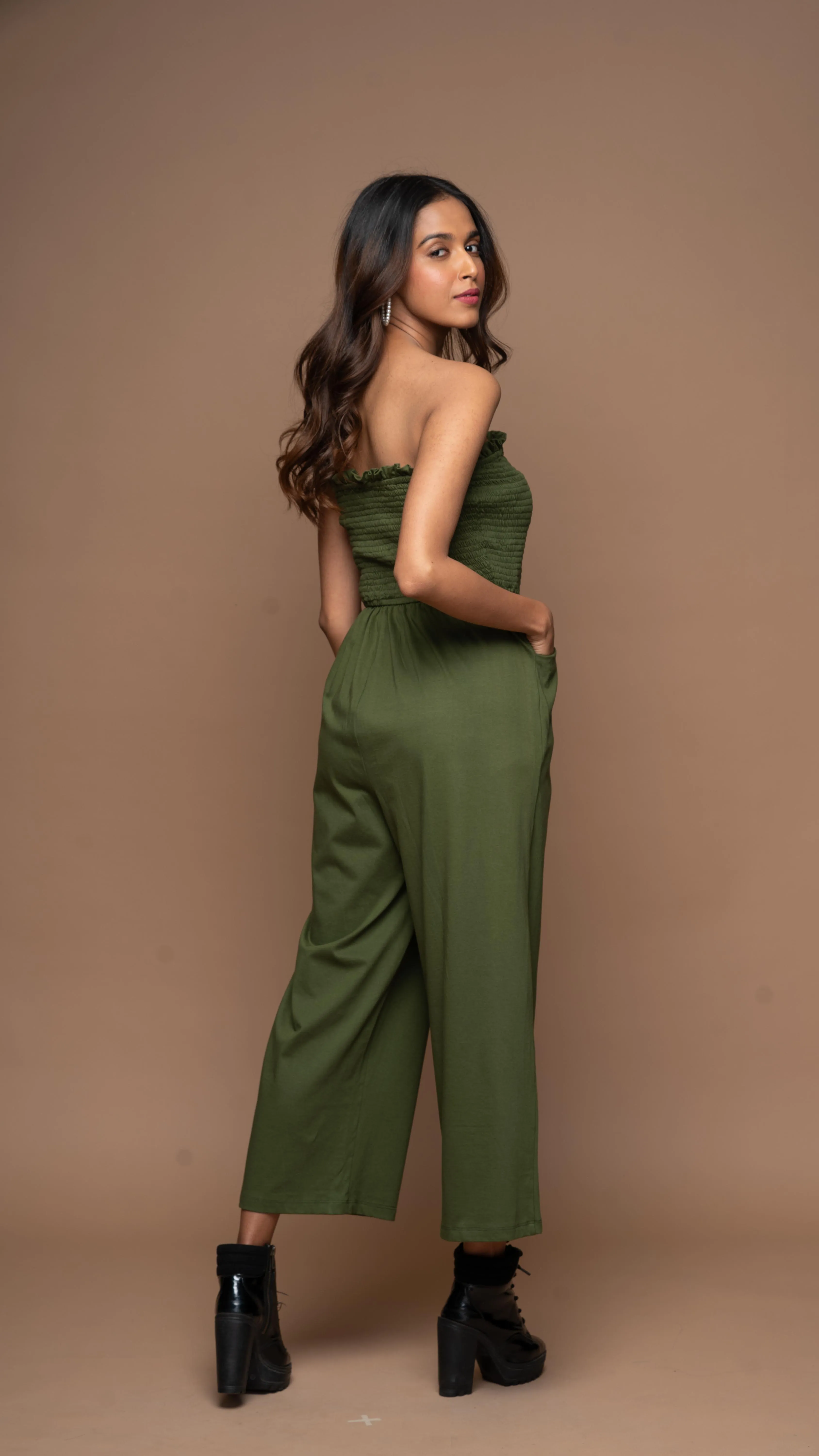 Strapless Vibe Jumpsuit in Olive Green