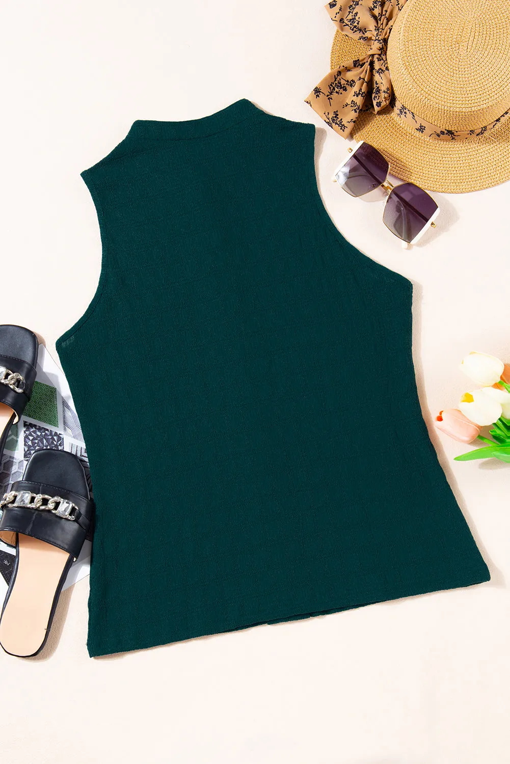 Textured Split V Neck Sleeveless Shirt