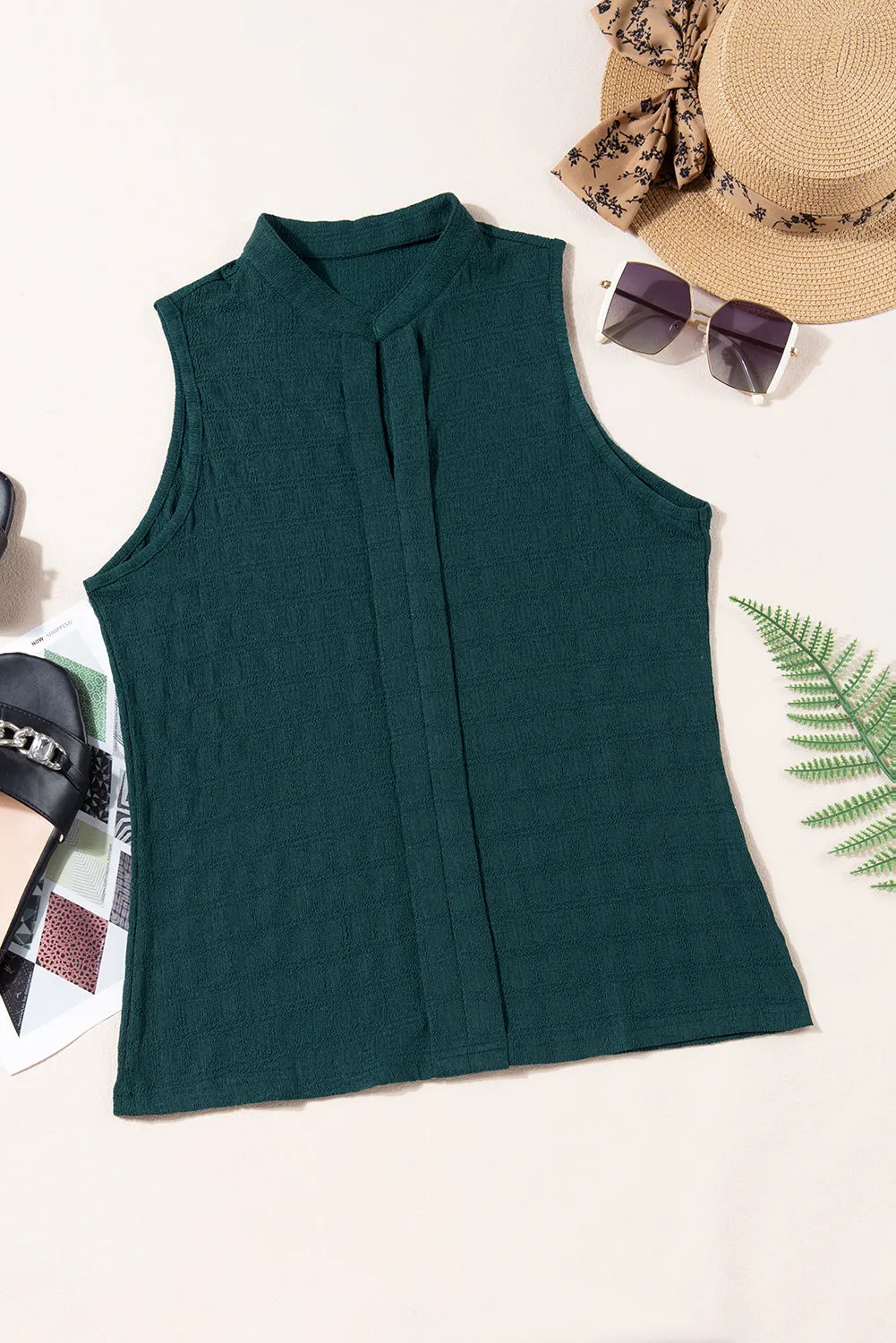 Textured Split V Neck Sleeveless Shirt