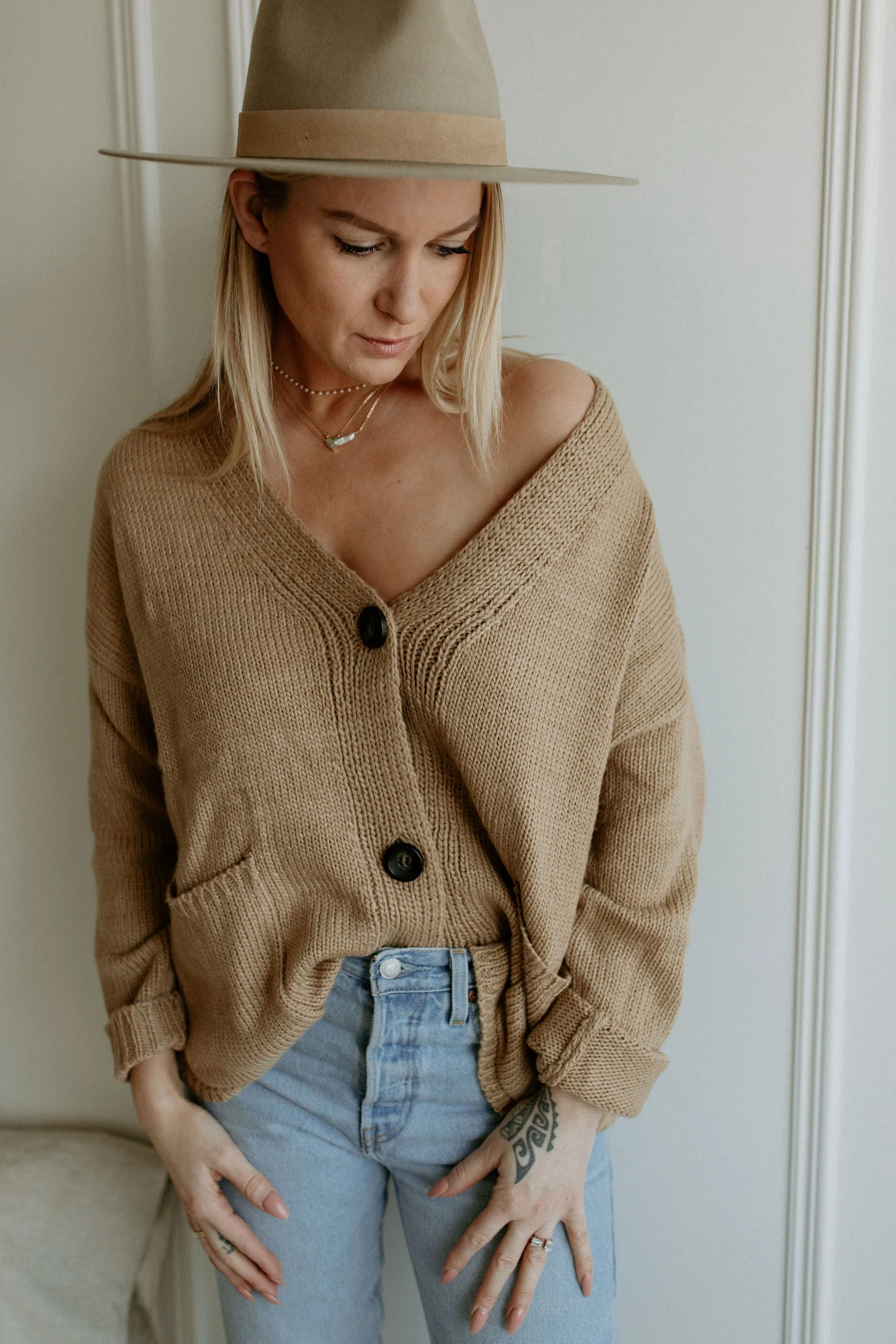 The Ashley Button Cardigan - Latte - PLUS