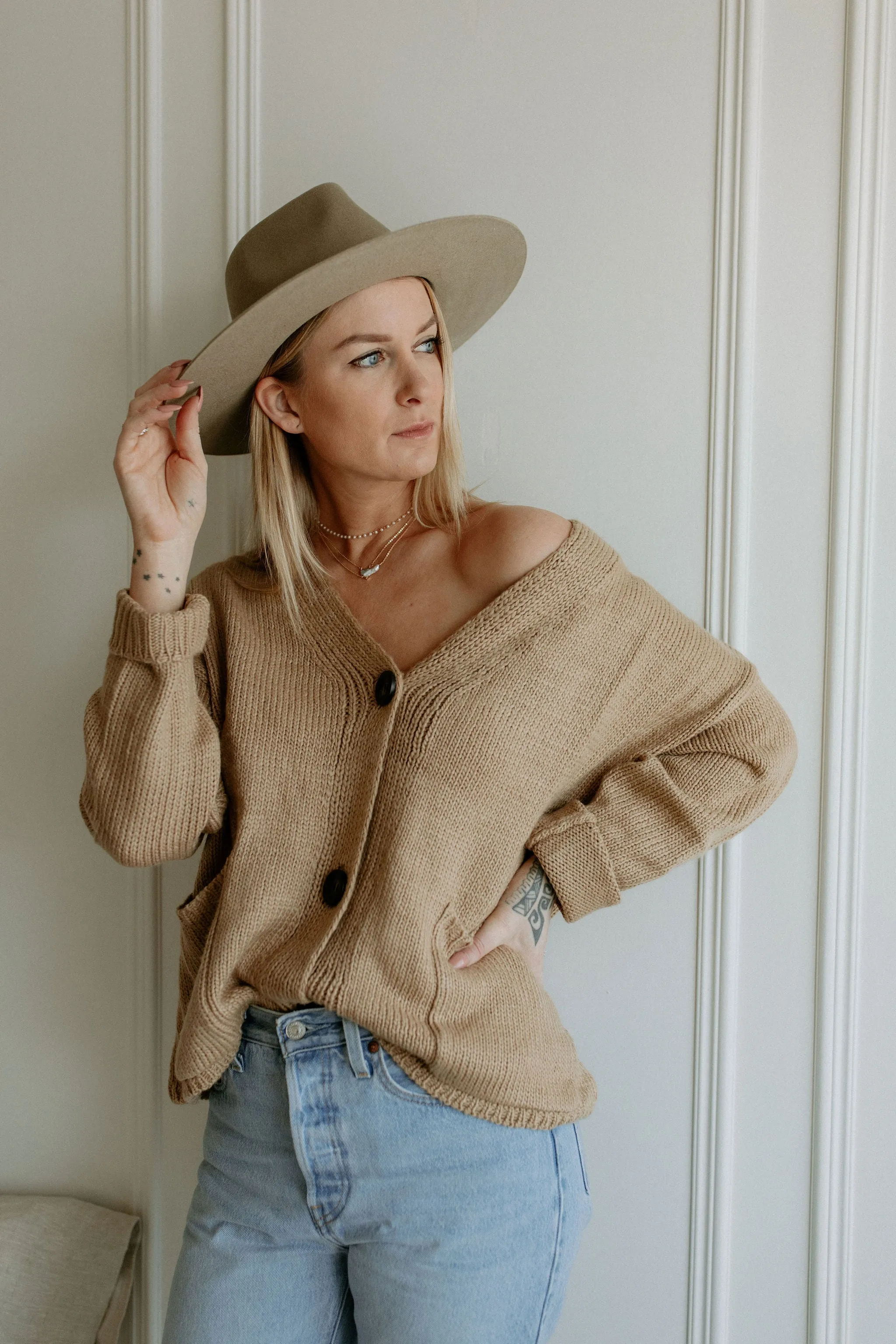 The Ashley Button Cardigan - Latte - PLUS