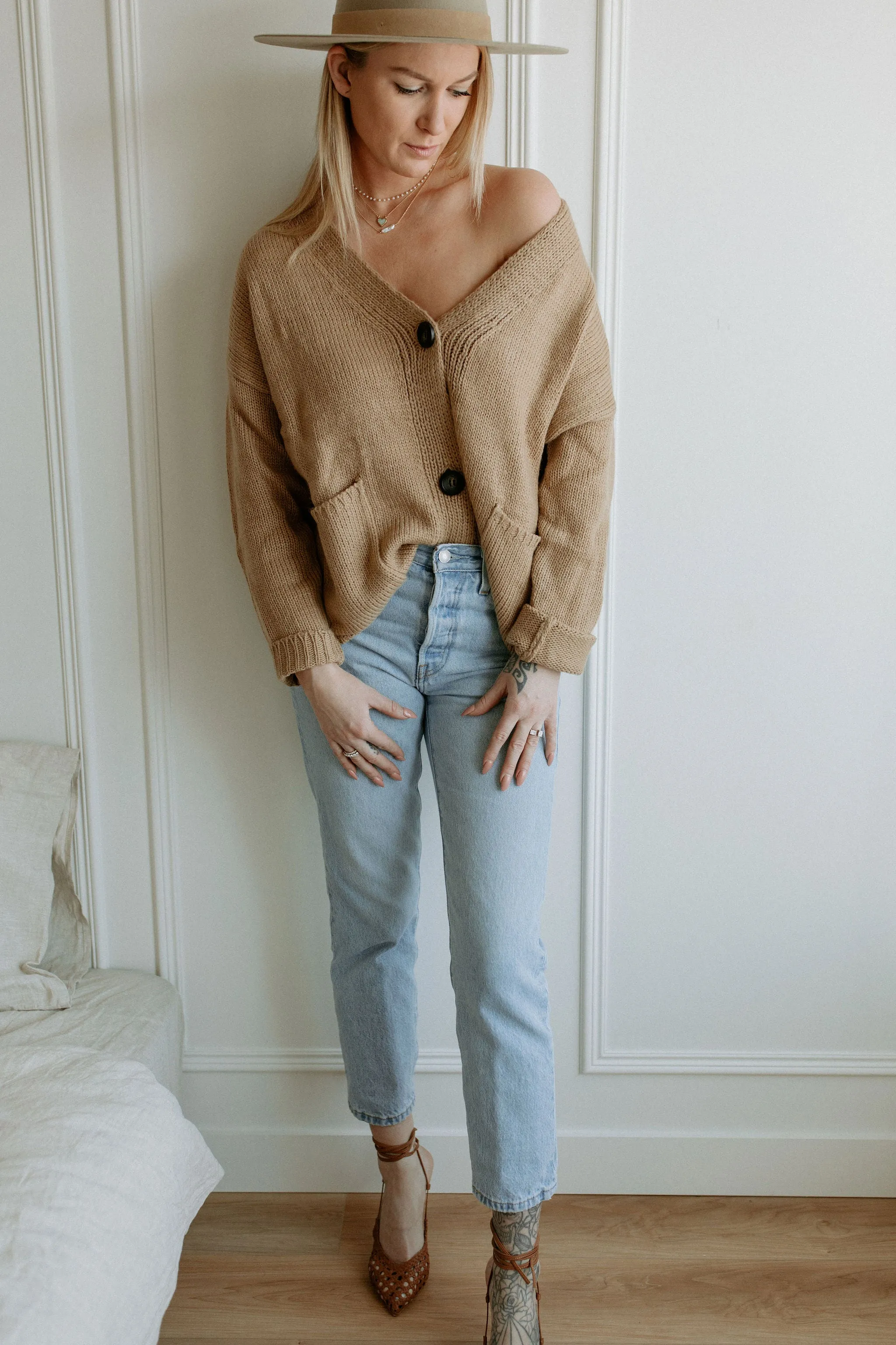 The Ashley Button Cardigan - Latte - PLUS