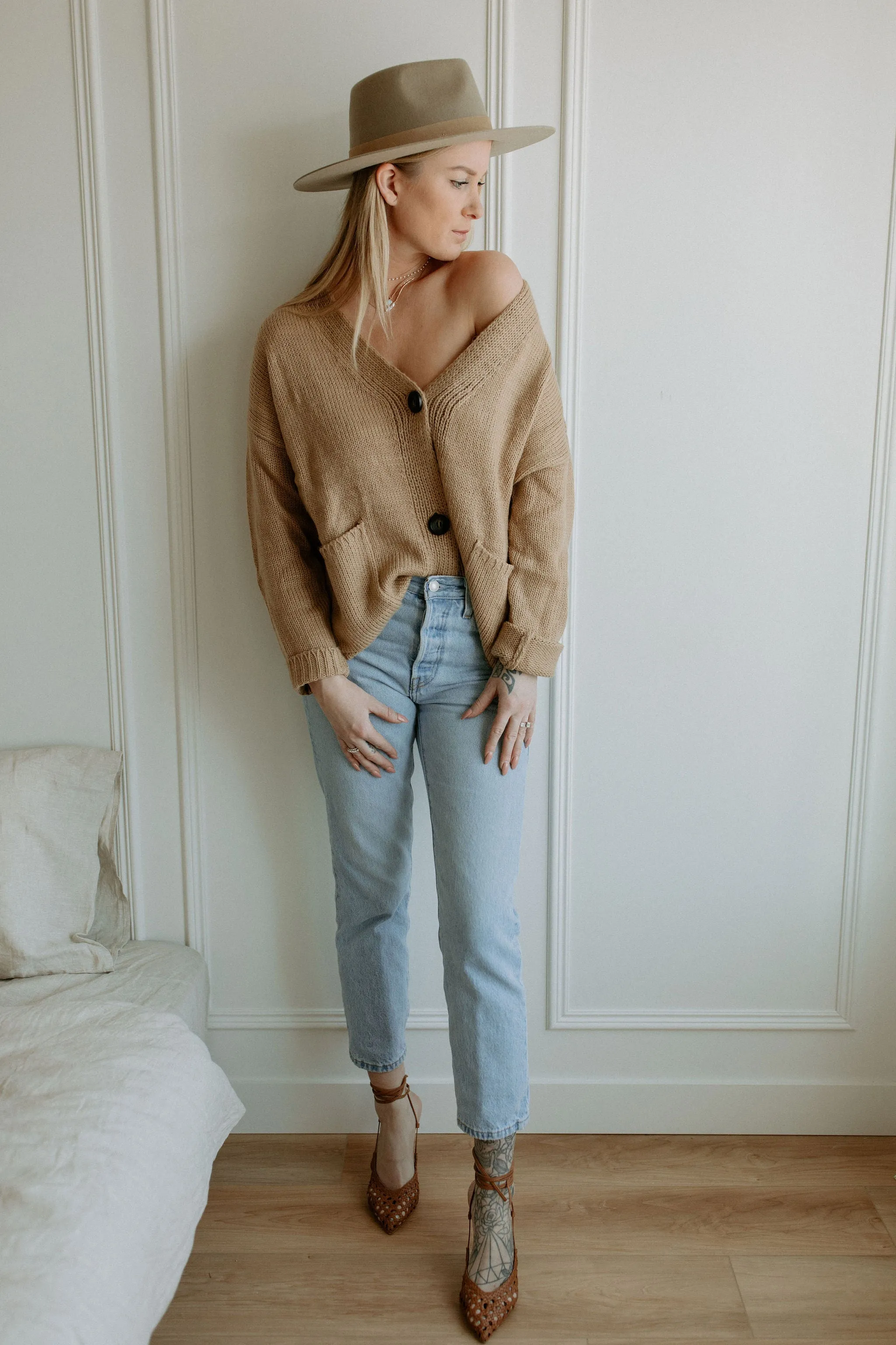 The Ashley Button Cardigan - Latte - PLUS