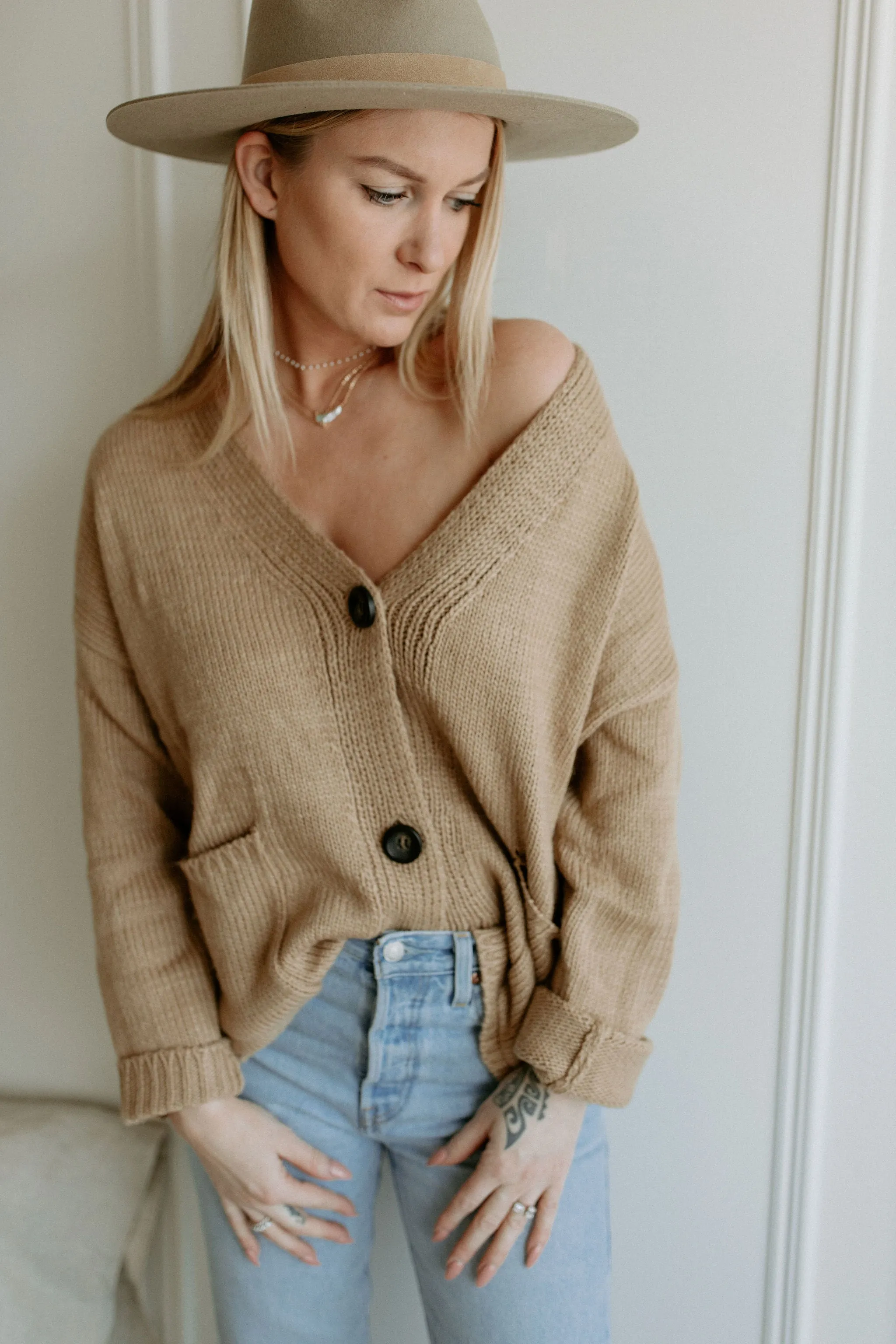 The Ashley Button Cardigan - Latte - PLUS