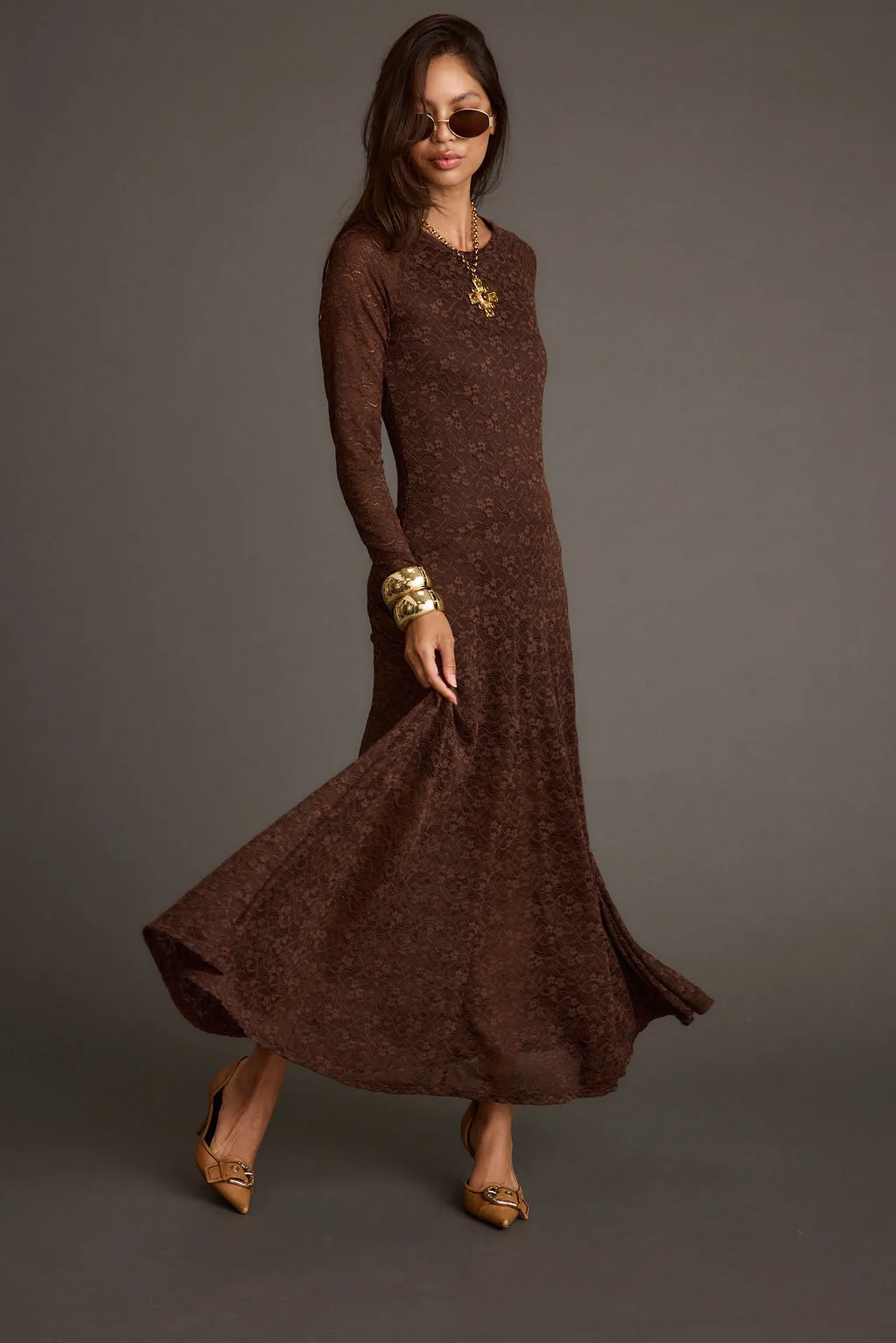 Tierra Brown Lace Long Sleeve Maxi Dress