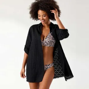 Tommy Bahama Cotton Clip Jacquard Boyfriend Shirt Cover Up - Black