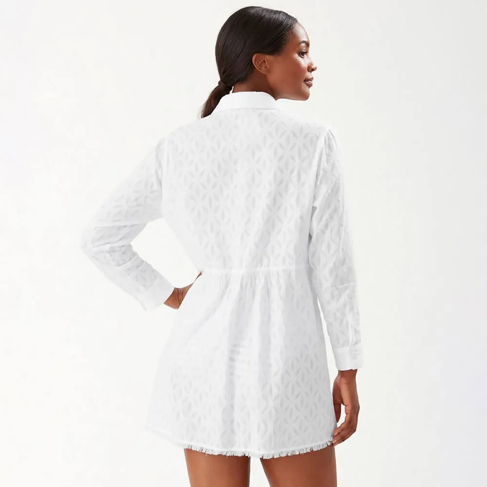 Tommy Bahama Cotton Clip Jacquard Boyfriend Shirt Dress Cover Up- White