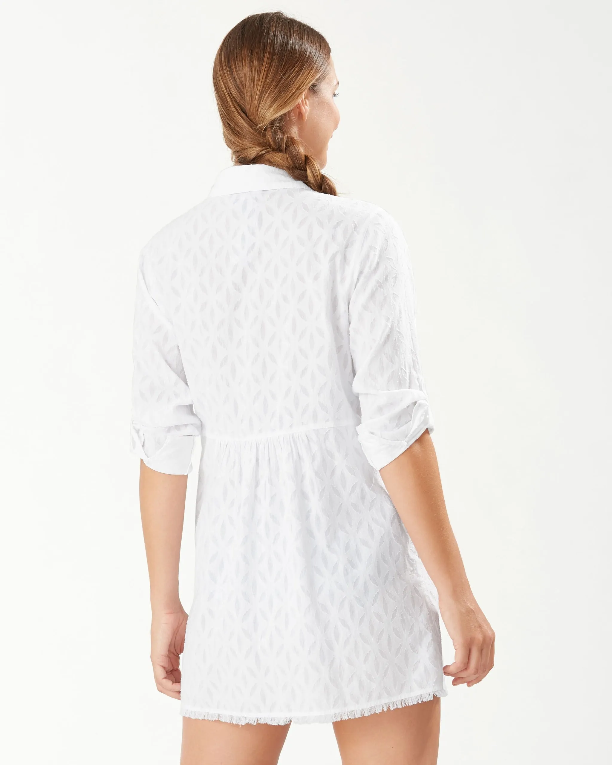 Tommy Bahama Cotton Clip Jacquard Boyfriend Shirt Dress Cover Up- White
