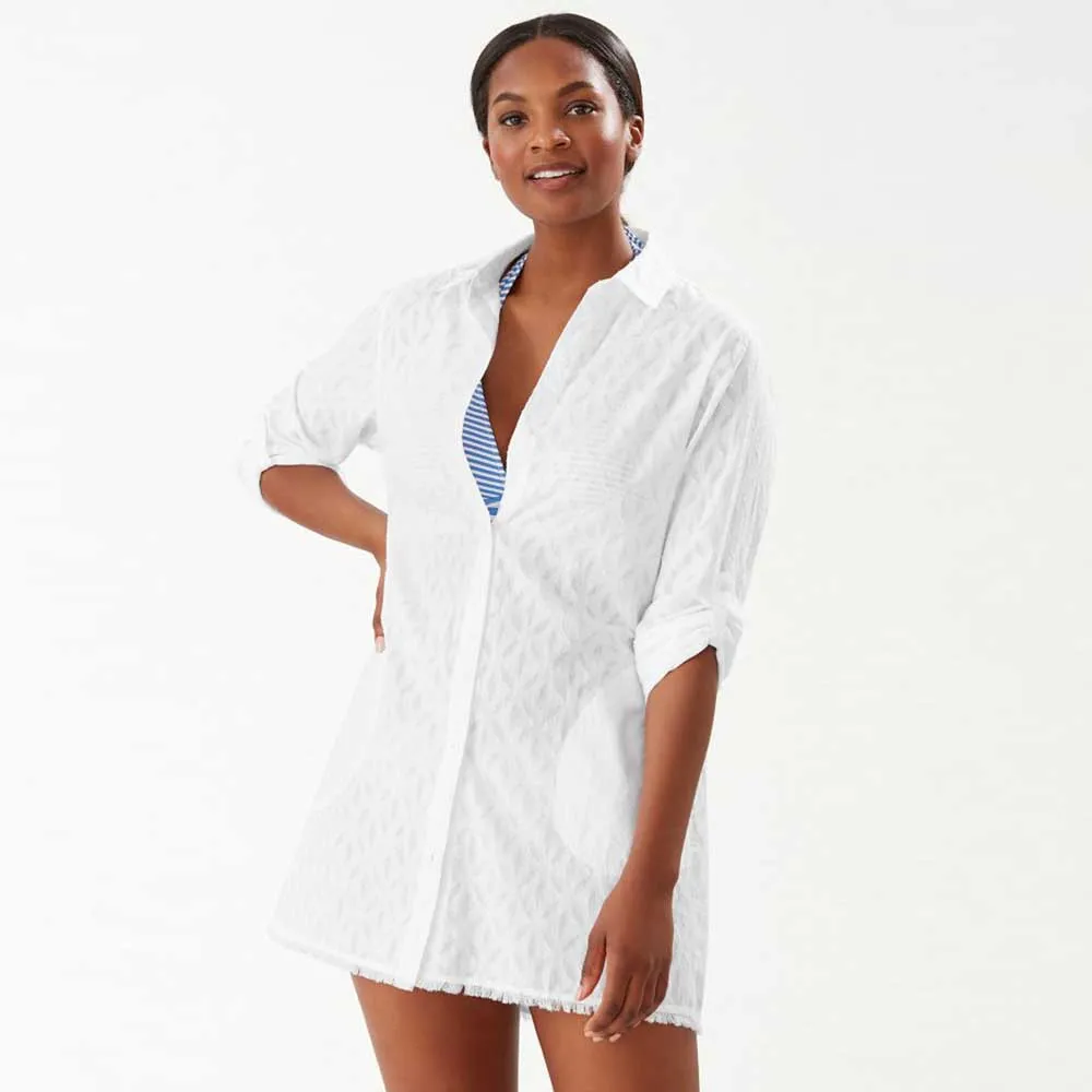 Tommy Bahama Cotton Clip Jacquard Boyfriend Shirt Dress Cover Up- White