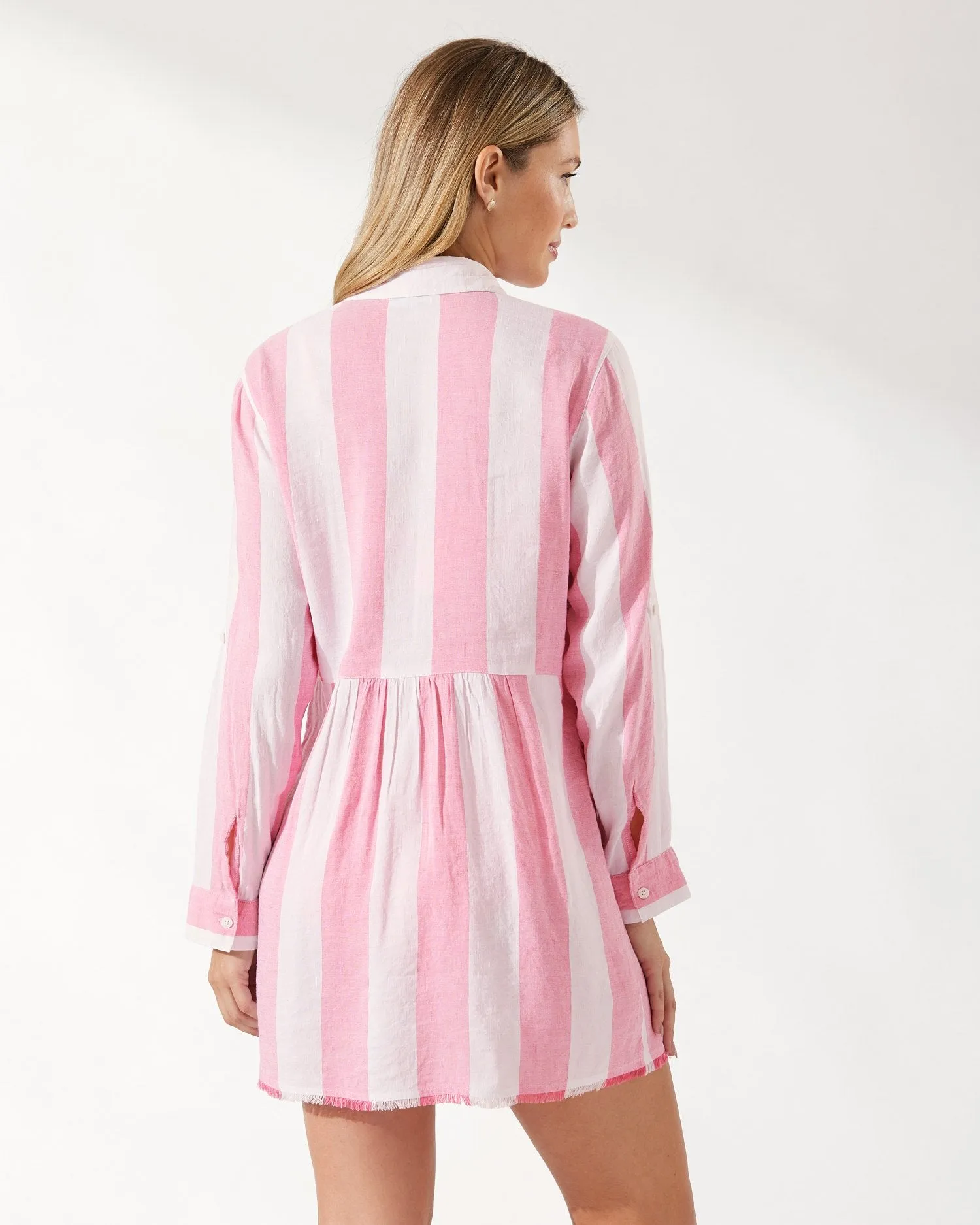 Tommy Bahama Rugby Beach Stripe Boyfriend Shirt Dress Coverup - Coral Coast Pink