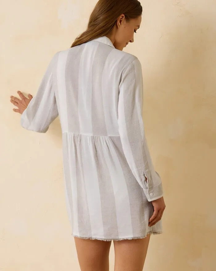 Tommy Bahama Rugby Beach Stripe Boyfriend Shirt Dress Coverup - Med Khaki