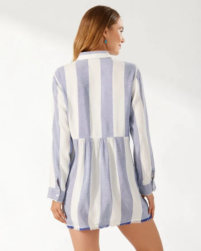 Tommy Bahama Rugby Beach Stripe Boyfriend Shirt Dress Coverup - White