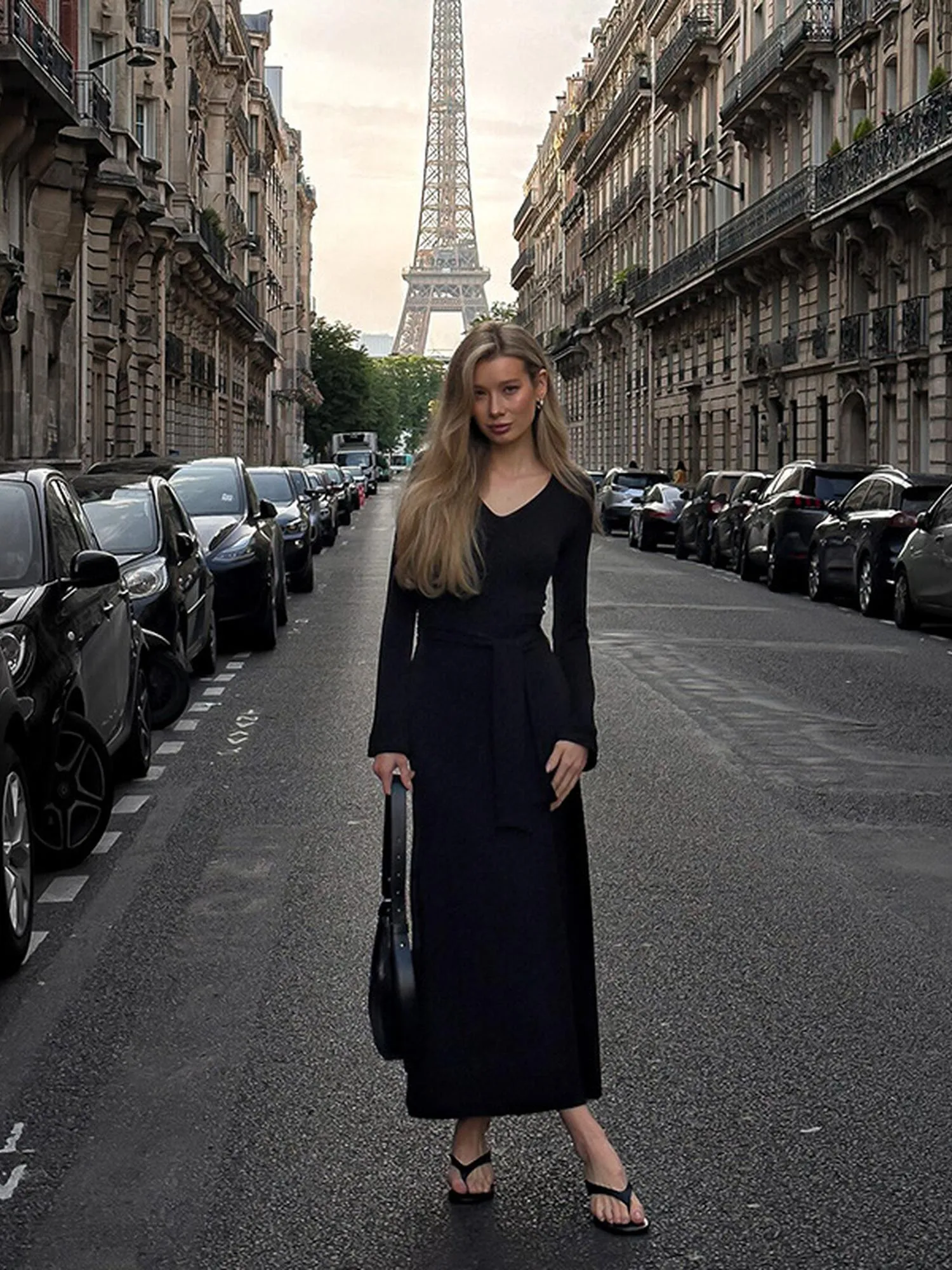 V Neck Dress With Waist Belt