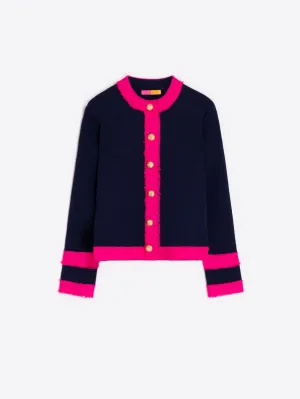 Vilagallo Navy Cardigan With Neon Pink Frayed Trim