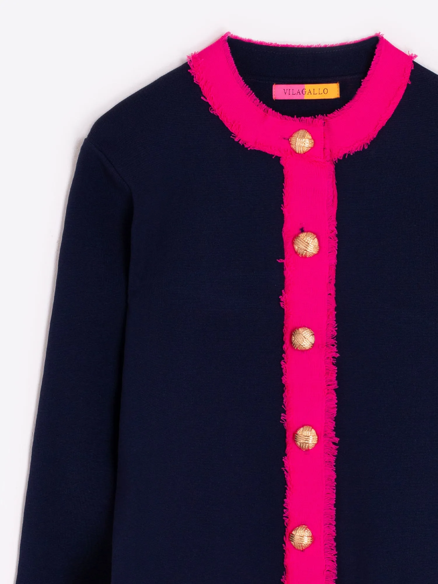 Vilagallo Navy Cardigan With Neon Pink Frayed Trim