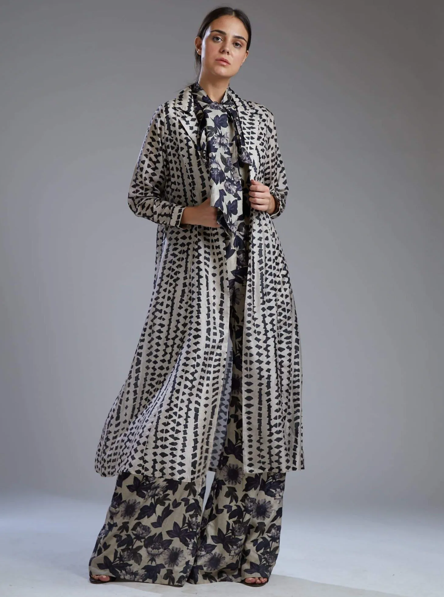 White & Black Floral Print Jumpsuit With Cape